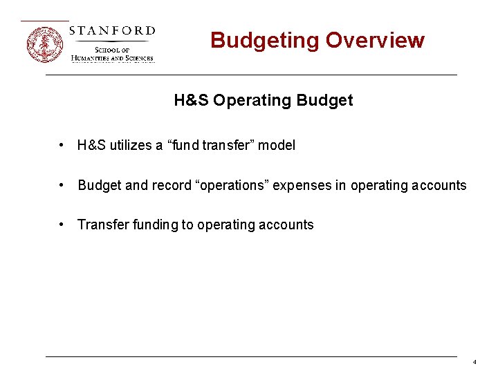 Budgeting Overview H&S Operating Budget • H&S utilizes a “fund transfer” model • Budget