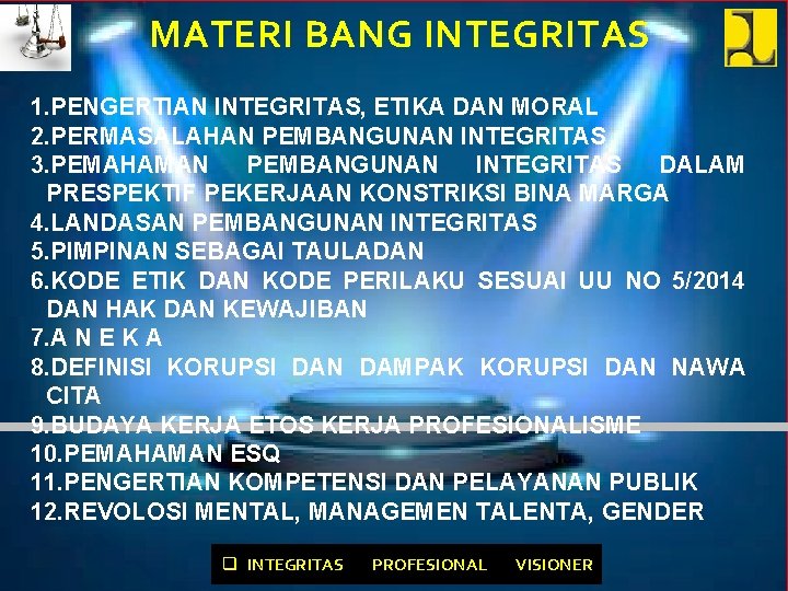 MATERI BANG INTEGRITAS 1. PENGERTIAN INTEGRITAS, ETIKA DAN MORAL 2. PERMASALAHAN PEMBANGUNAN INTEGRITAS 3.