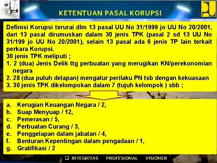 KETENTUAN PASAL KORUPSI Definisi Korupsi terurai dlm 13 pasal UU No 31/1999 jo UU