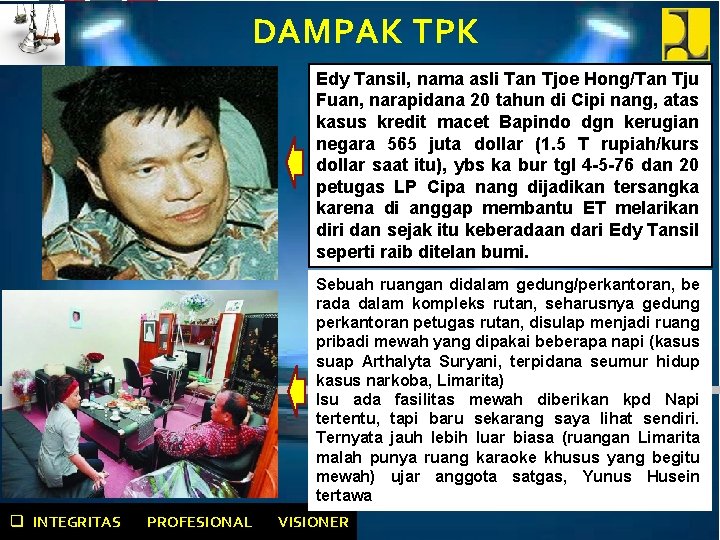 DAMPAK TPK Edy Tansil, nama asli Tan Tjoe Hong/Tan Tju Fuan, narapidana 20 tahun