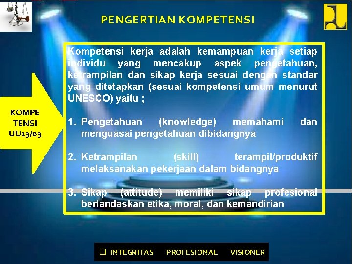 PENGERTIAN KOMPETENSI Kompetensi kerja adalah kemampuan kerja setiap individu yang mencakup aspek pengetahuan, ketrampilan