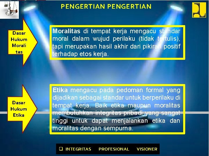 PENGERTIAN Dasar Hukum Morali tas Moralitas di tempat kerja mengacu standar moral dalam wujud