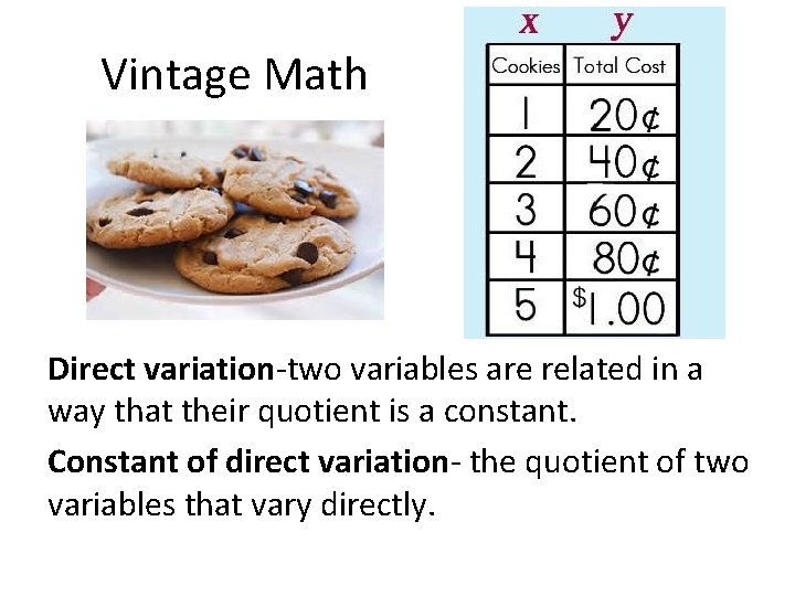 Vintage Math Direct variation-two variables are related in a way that their quotient is