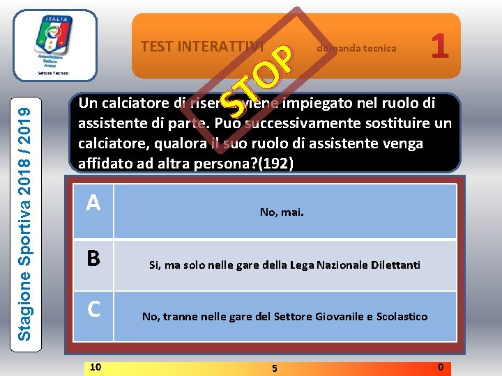 TEST INTERATTIVI Stagione Sportiva 2018 / 2019 Settore Tecnico 1 P O T Un