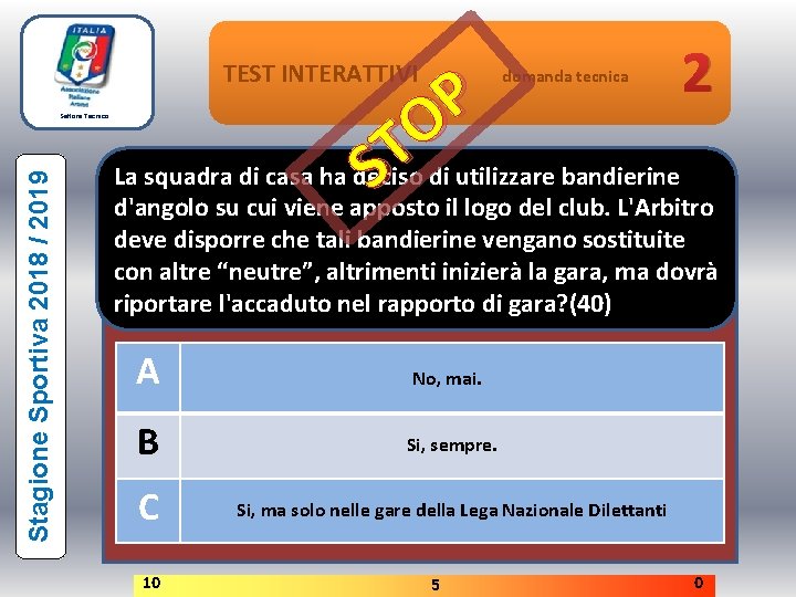 TEST INTERATTIVI Stagione Sportiva 2018 / 2019 Settore Tecnico 2 P O T La