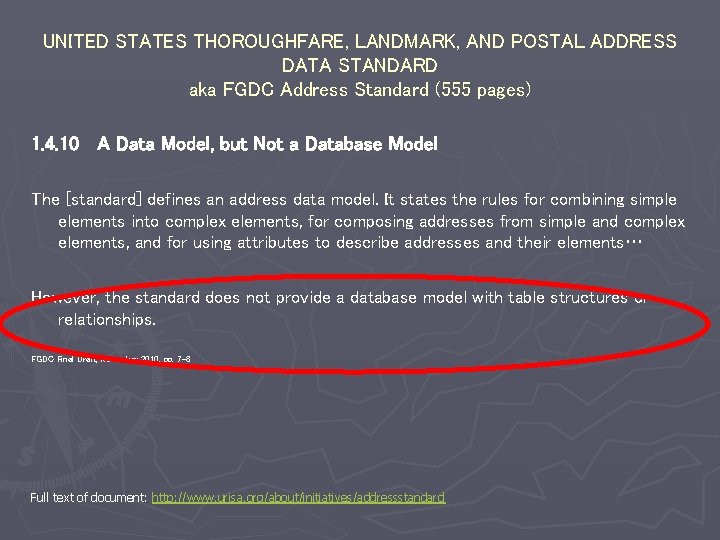 UNITED STATES THOROUGHFARE, LANDMARK, AND POSTAL ADDRESS DATA STANDARD aka FGDC Address Standard (555