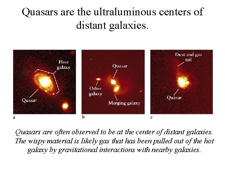 Quasars are the ultraluminous centers of distant galaxies. Quasars are often observed to be