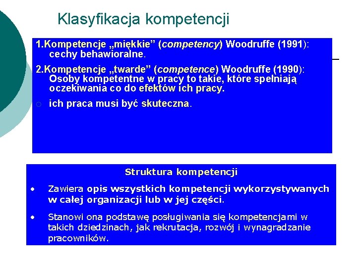 Klasyfikacja kompetencji 1. Kompetencje „miękkie” (competency) Woodruffe (1991): cechy behawioralne. 2. Kompetencje „twarde” (competence)