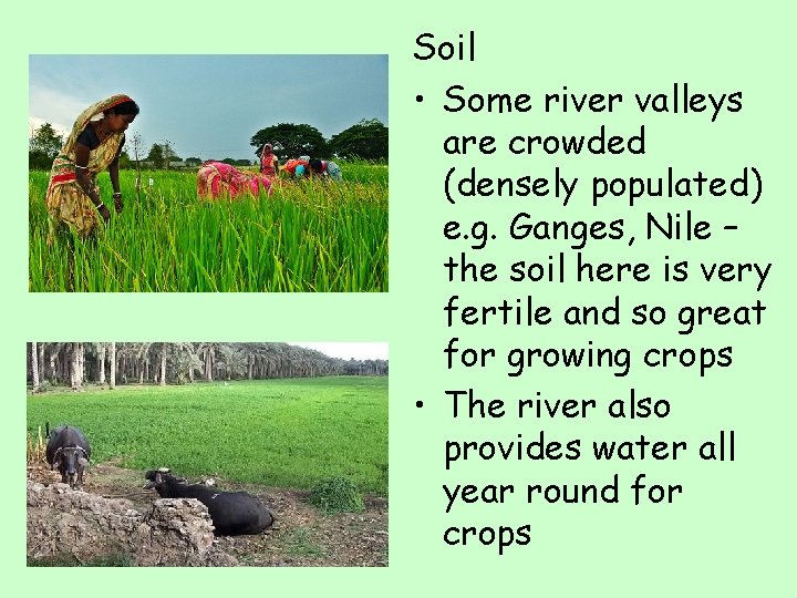 Soil • Some river valleys are crowded (densely populated) e. g. Ganges, Nile –