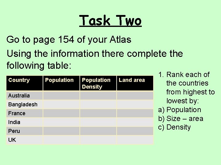 Task Two Go to page 154 of your Atlas Using the information there complete