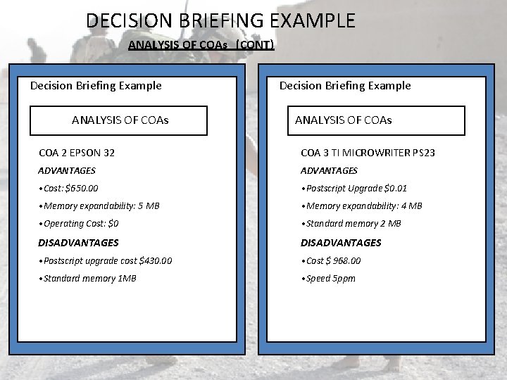 DECISION BRIEFING EXAMPLE ANALYSIS OF COAs (CONT) Decision Briefing Example ANALYSIS OF COAs COA DECISION BRIEFING EXAMPLE ANALYSIS OF COAs (CONT) Decision Briefing Example ANALYSIS OF COAs COA