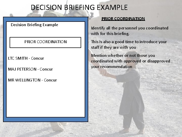 DECISION BRIEFING EXAMPLE PRIOR COORDINATION Decision Briefing Example PRIOR COORDINATION LTC SMITH - Concur DECISION BRIEFING EXAMPLE PRIOR COORDINATION Decision Briefing Example PRIOR COORDINATION LTC SMITH - Concur