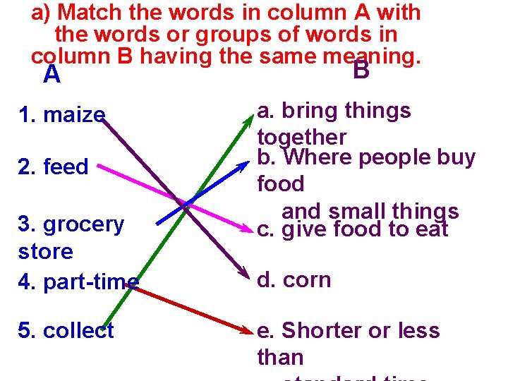 a) Match the words in column A with the words or groups of words