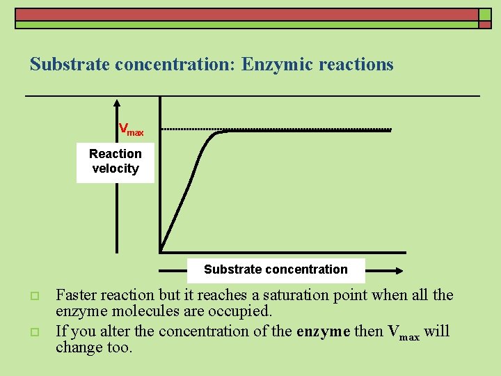 Substrate concentration: Enzymic reactions Vmax Reaction velocity Substrate concentration o o Faster reaction but