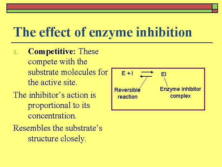 The effect of enzyme inhibition Competitive: These compete with the substrate molecules for the