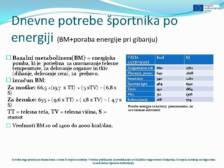 Dnevne potrebe športnika po energiji (BM+poraba energije pri gibanju) � Bazalni metabolizem(BM) = energijska