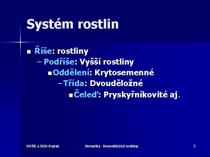 Systém rostlin n Říše: rostliny – Podříše: Vyšší rostliny n Oddělení: Krytosemenné – Třída: