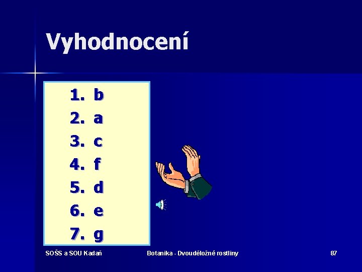 Vyhodnocení 1. 2. 3. 4. 5. 6. 7. b a c f d e