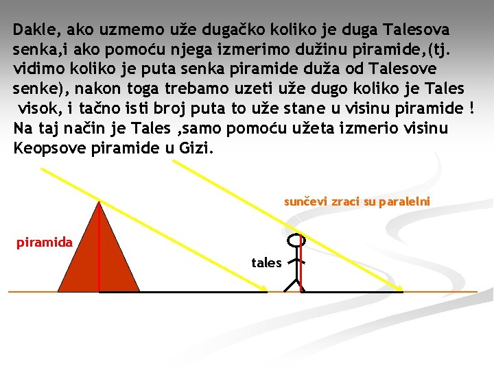 Dakle, ako uzmemo uže dugačko koliko je duga Talesova senka, i ako pomoću njega