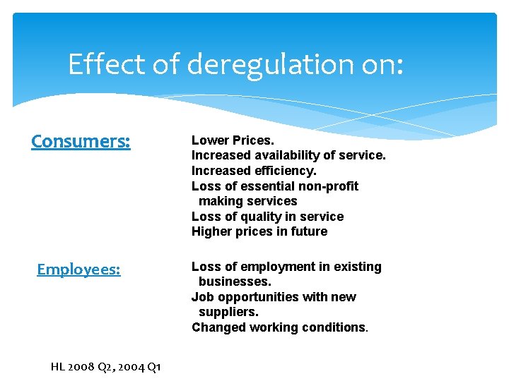 Effect of deregulation on: Consumers: Lower Prices. Increased availability of service. Increased efficiency. Loss