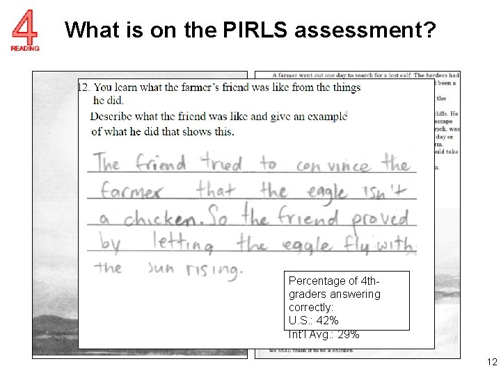 What is on the PIRLS assessment? Percentage of 4 thgraders answering correctly: U. S.