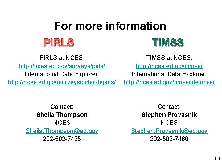 For more information PIRLS TIMSS PIRLS at NCES: http: //nces. ed. gov/surveys/pirls/ International Data