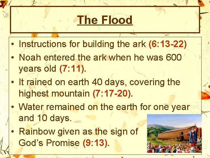 The Flood • Instructions for building the ark (6: 13 -22) • Noah entered