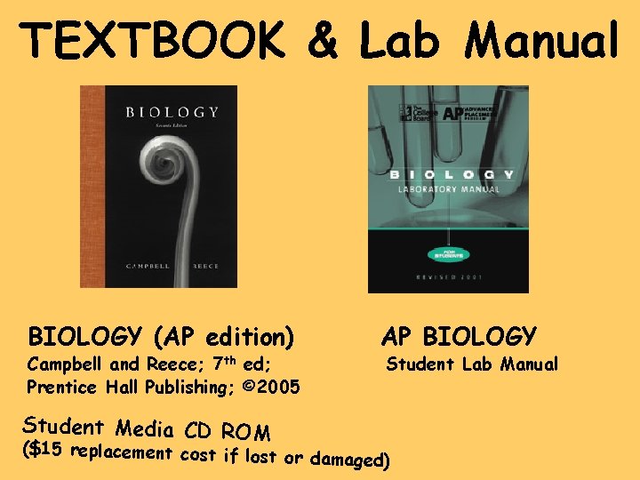 TEXTBOOK & Lab Manual BIOLOGY (AP edition) Campbell and Reece; 7 th ed; Prentice