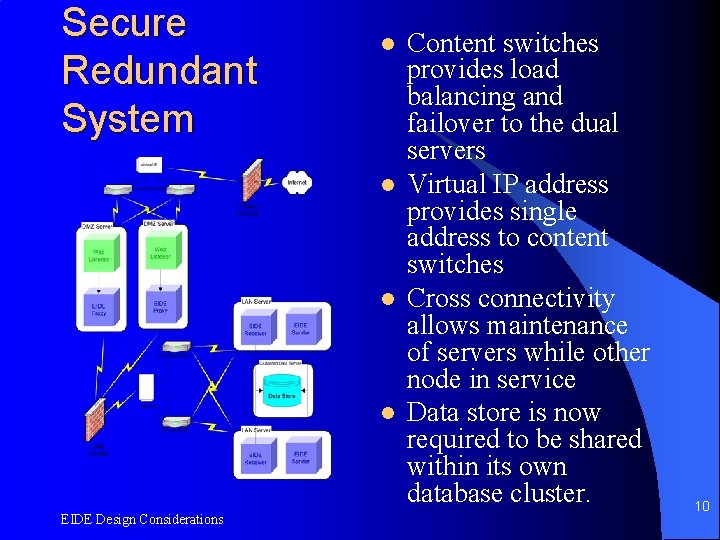 Secure Redundant System l l EIDE Design Considerations Content switches provides load balancing and