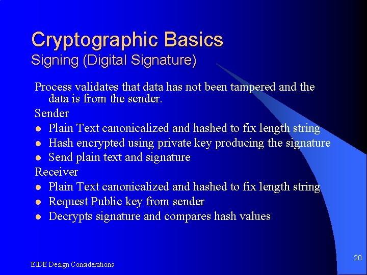 Cryptographic Basics Signing (Digital Signature) Process validates that data has not been tampered and