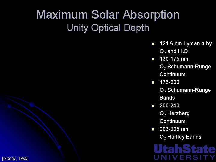 Maximum Solar Absorption Unity Optical Depth l l l [Goody, 1995] 121. 6 nm