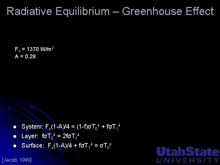 Radiative Equilibrium – Greenhouse Effect Fs = 1370 W/m 2 A = 0. 28