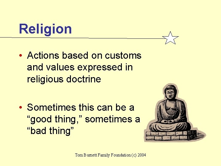 Religion • Actions based on customs and values expressed in religious doctrine • Sometimes
