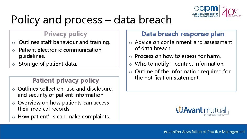 Policy and process – data breach Privacy policy o Outlines staff behaviour and training.