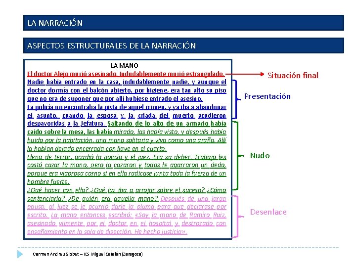 LA NARRACIÓN ASPECTOS ESTRUCTURALES DE LA NARRACIÓN LA MANO El doctor Alejo murió asesinado.