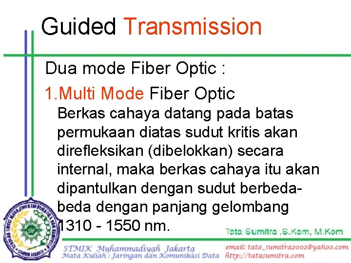 Guided Transmission Dua mode Fiber Optic : 1. Multi Mode Fiber Optic Berkas cahaya