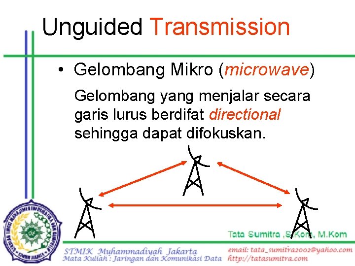 Unguided Transmission • Gelombang Mikro (microwave) Gelombang yang menjalar secara garis lurus berdifat directional