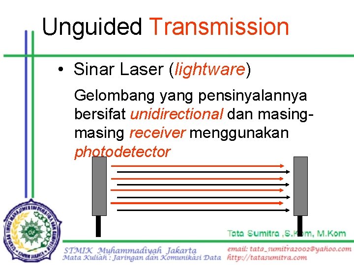 Unguided Transmission • Sinar Laser (lightware) Gelombang yang pensinyalannya bersifat unidirectional dan masing receiver