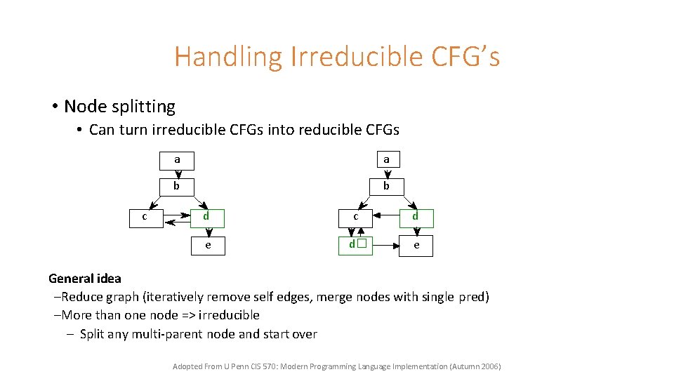 Handling Irreducible CFG’s • Node splitting • Can turn irreducible CFGs into reducible CFGs