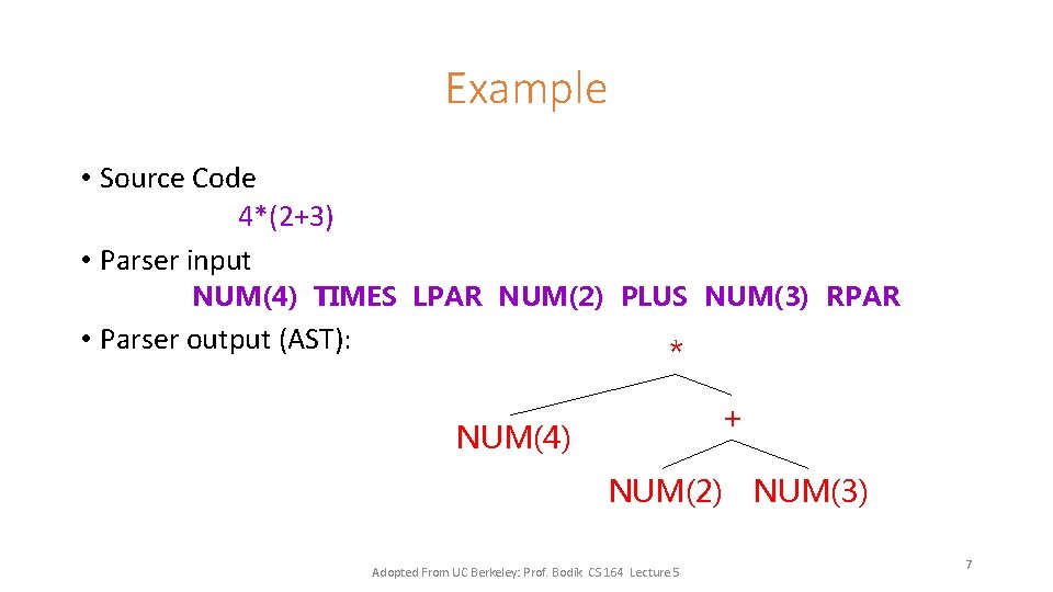 Example • Source Code 4*(2+3) • Parser input NUM(4) TIMES LPAR NUM(2) PLUS NUM(3)