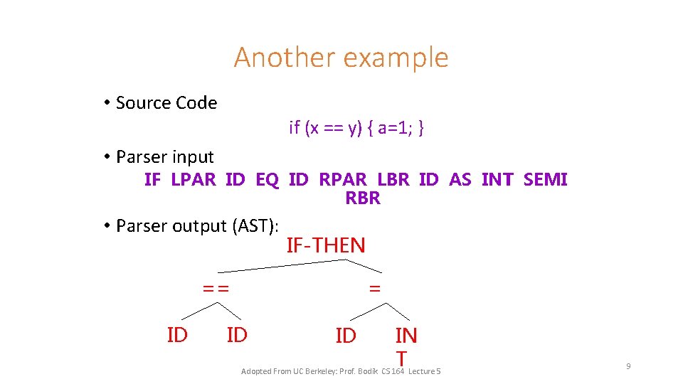 Another example • Source Code if (x == y) { a=1; } • Parser