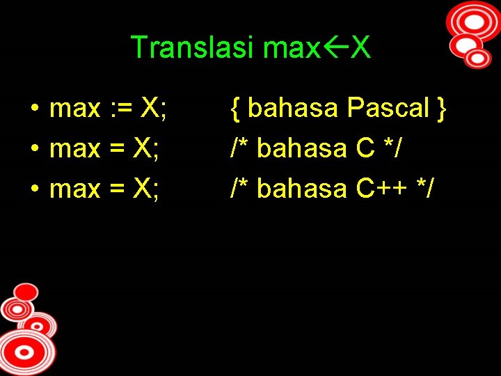 Translasi max X • max : = X; • max = X; { bahasa