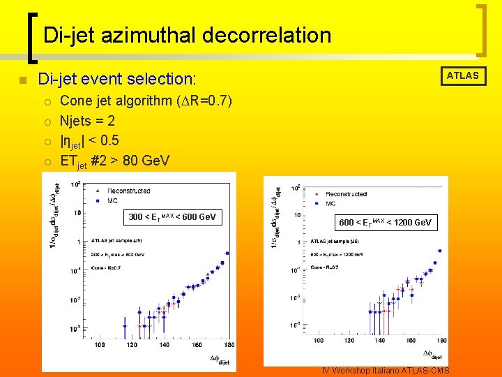 Di-jet azimuthal decorrelation n Di-jet event selection: ¡ ¡ ATLAS Cone jet algorithm (