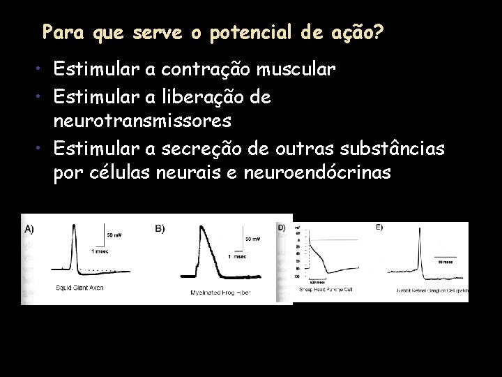 Para que serve o potencial de ação? • Estimular a contração muscular • Estimular