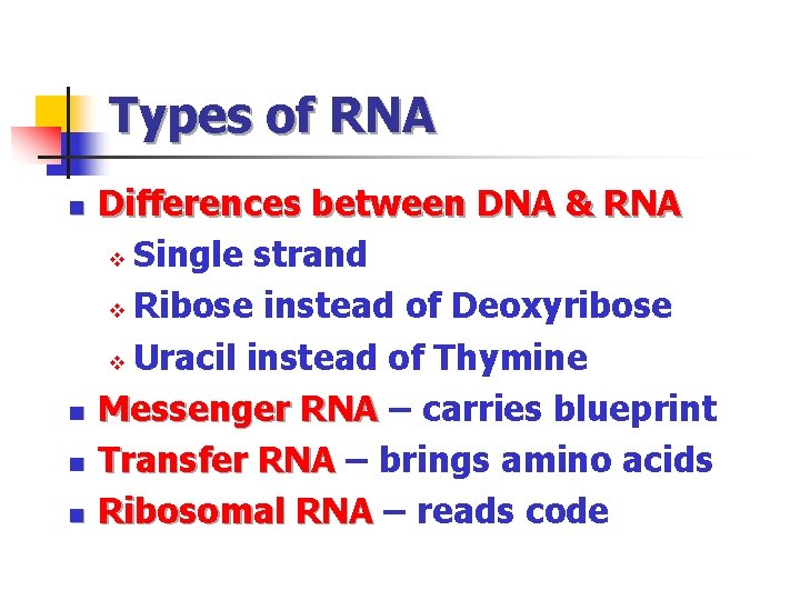 Types of RNA n n Differences between DNA & RNA v Single strand v