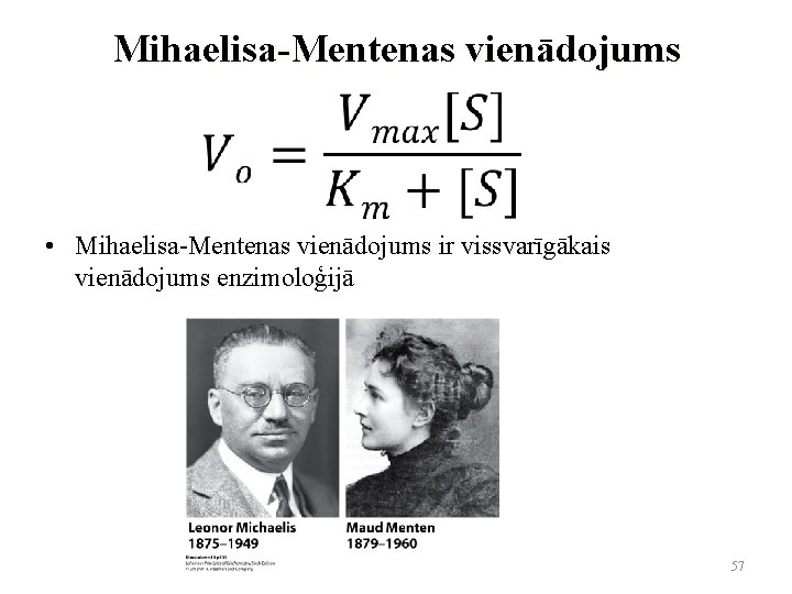 Mihaelisa-Mentenas vienādojums • Mihaelisa-Mentenas vienādojums ir vissvarīgākais vienādojums enzimoloģijā 57 