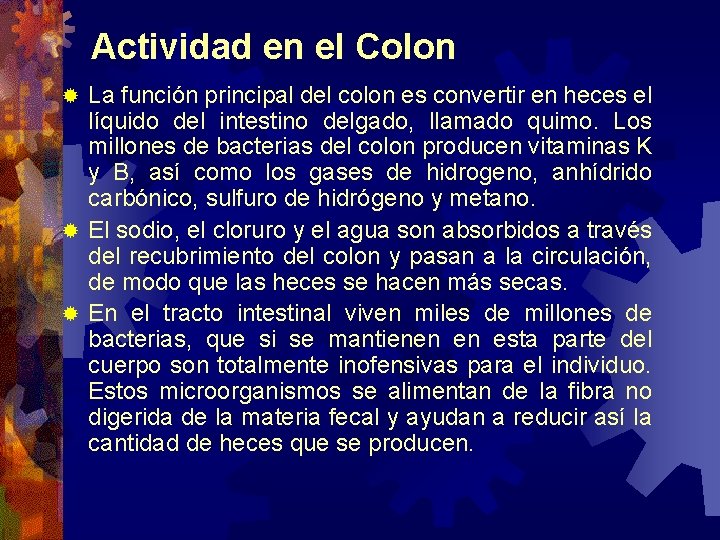 Actividad en el Colon La función principal del colon es convertir en heces el