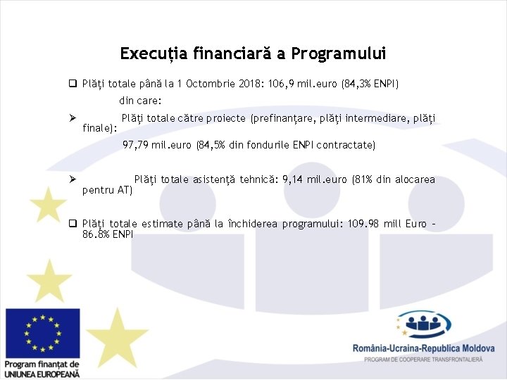 Execuția financiară a Programului q Plăți totale până la 1 Octombrie 2018: 106, 9