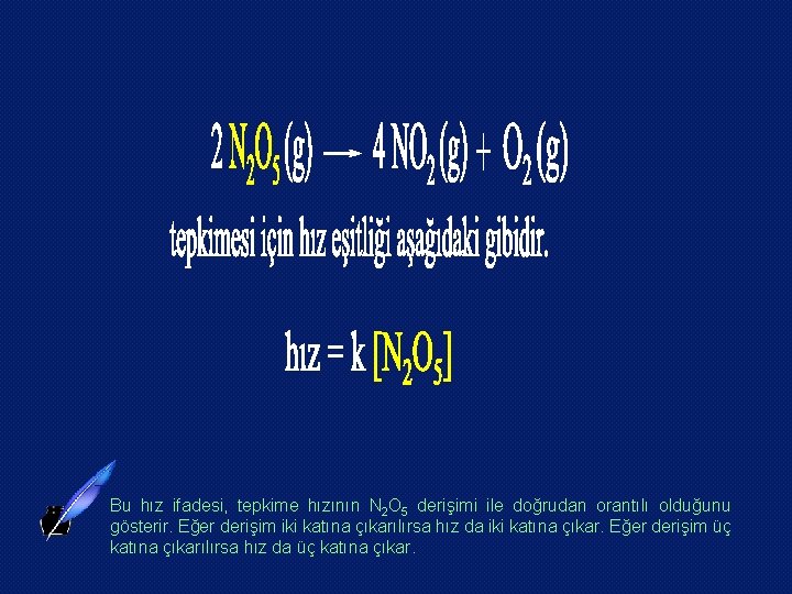 Bu hız ifadesi, tepkime hızının N 2 O 5 derişimi ile doğrudan orantılı olduğunu