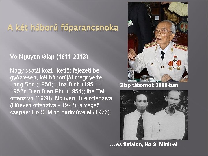 A két háború főparancsnoka Vo Nguyen Giap (1911 -2013) Nagy csatái közül kettőt fejezett